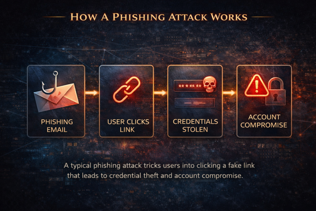 Diagram showing how a phishing attack works from email to credential theft and account compromise
