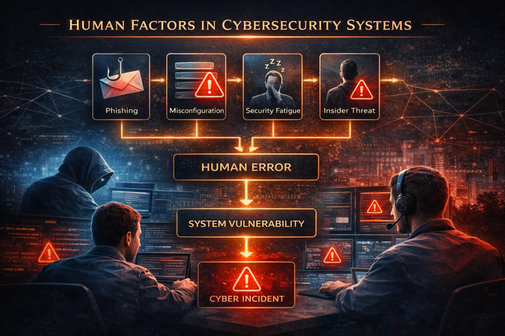 Diagram showing human factors in cybersecurity including phishing misconfiguration fatigue and insider risk