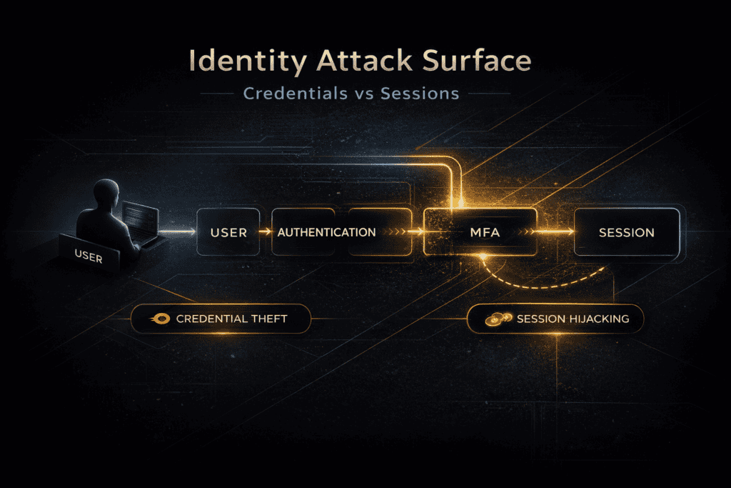 AiTM phishing identity attack surface showing session theft after MFA token issuance