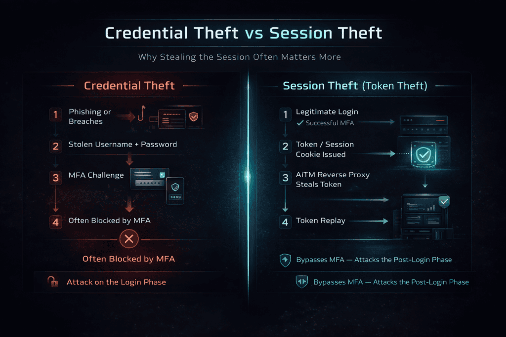 Side-by-side comparison of credential theft vs session theft attack paths showing how MFA often blocks login attacks but session token replay bypasses MFA