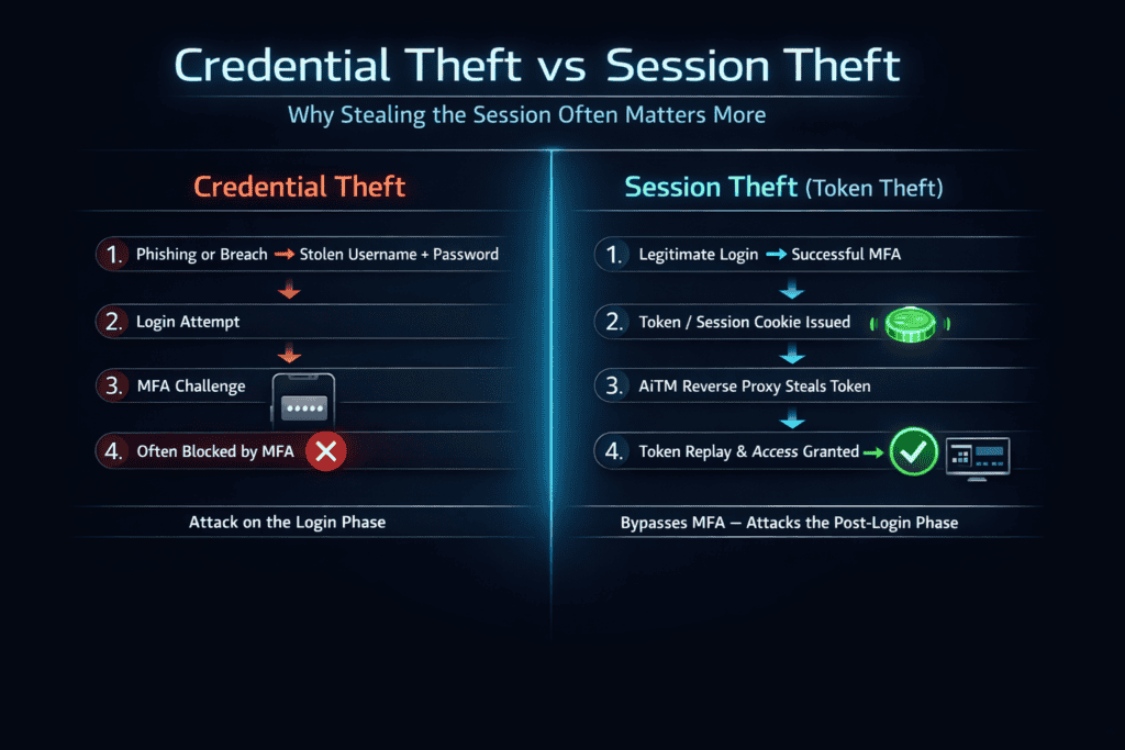 credential theft vs session theft diagram showing MFA bypass with session cookies