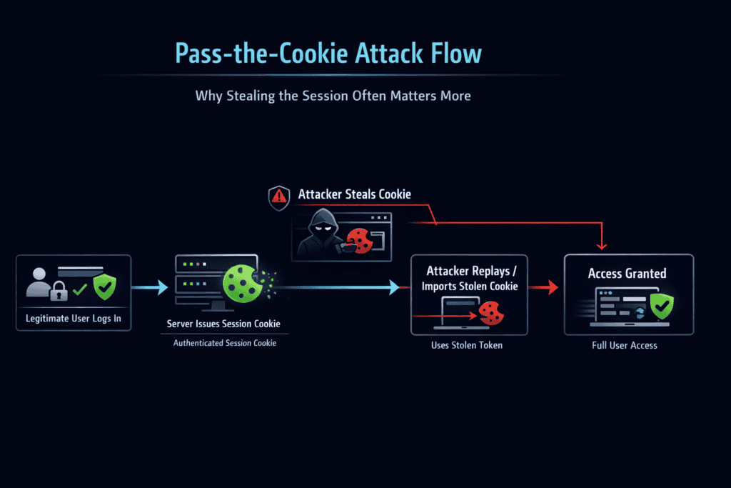 pass the cookie attack flow showing how stolen session cookies bypass MFA and grant access
