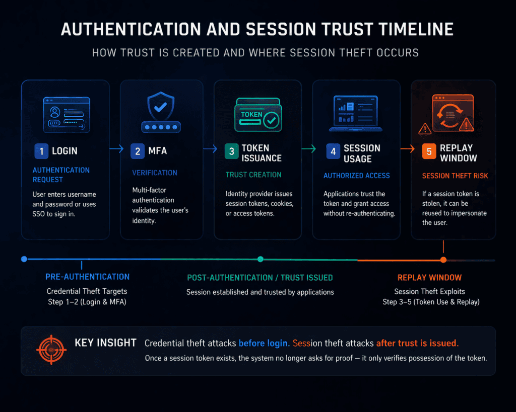 Trust timeline showing the authentication flow from login and MFA to token issuance and where session theft occurs in session vs credential theft