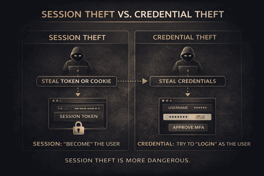 session vs credential theft diagram showing how attackers hijack sessions instead of stealing passwords
