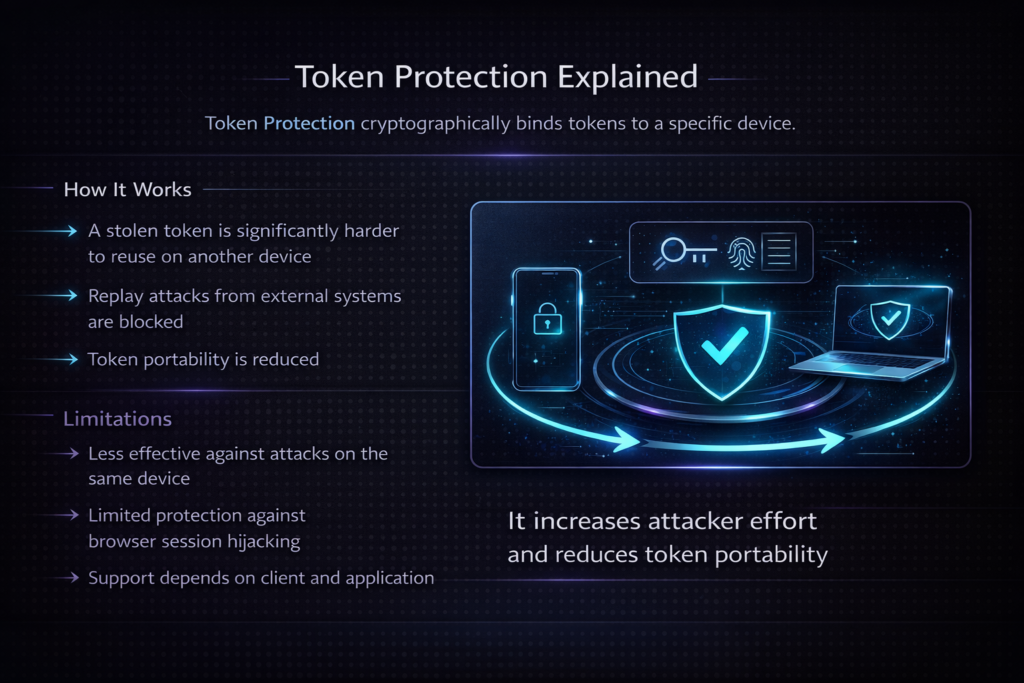 Token Protection diagram showing device-bound tokens, replay attack prevention and browser session hijacking limitations