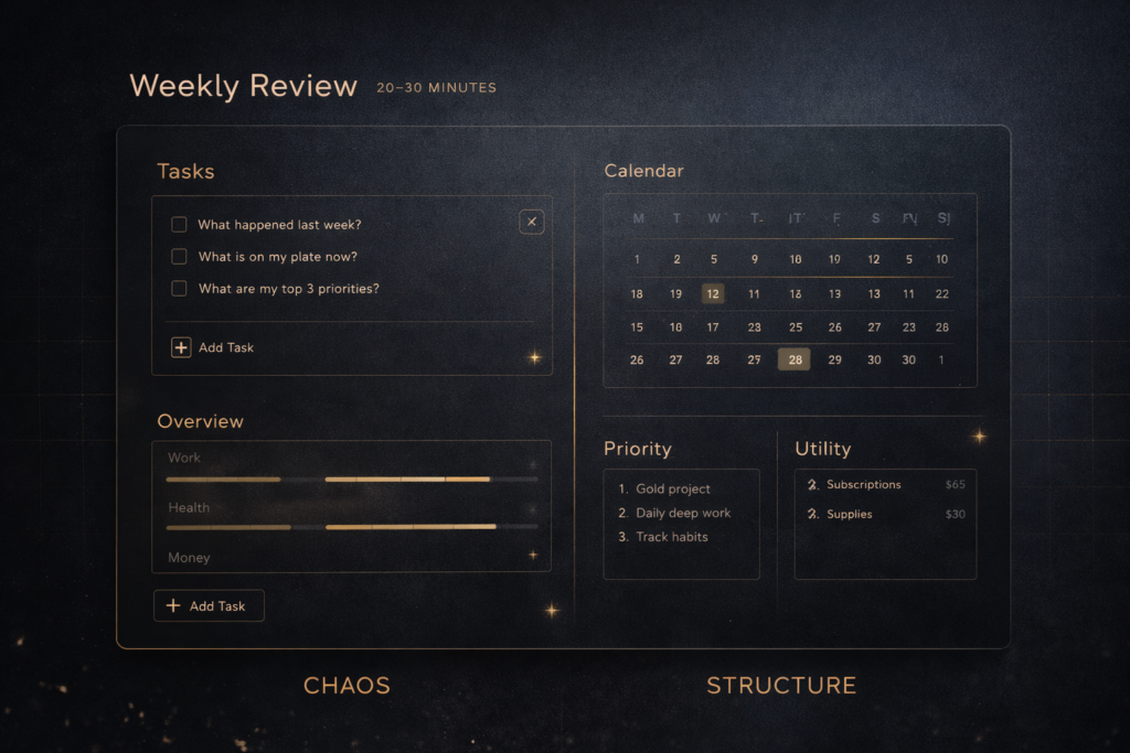 Stylised dark weekly review interface with task, calendar, priority and overview areas