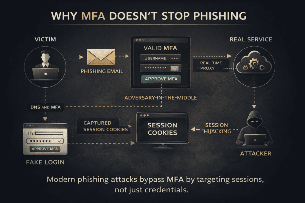 why MFA doesn't stop phishing diagram showing session hijacking and AiTM attack flow