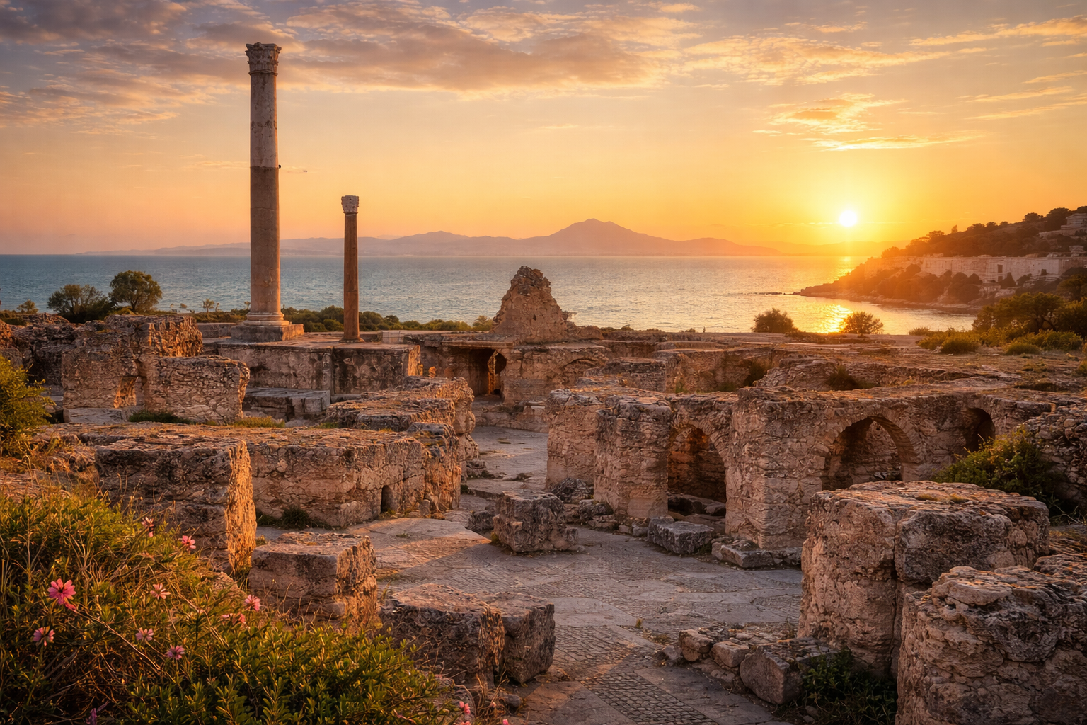 Ancient ruins of Carthage in Tunisia at sunset overlooking the Mediterranean Sea