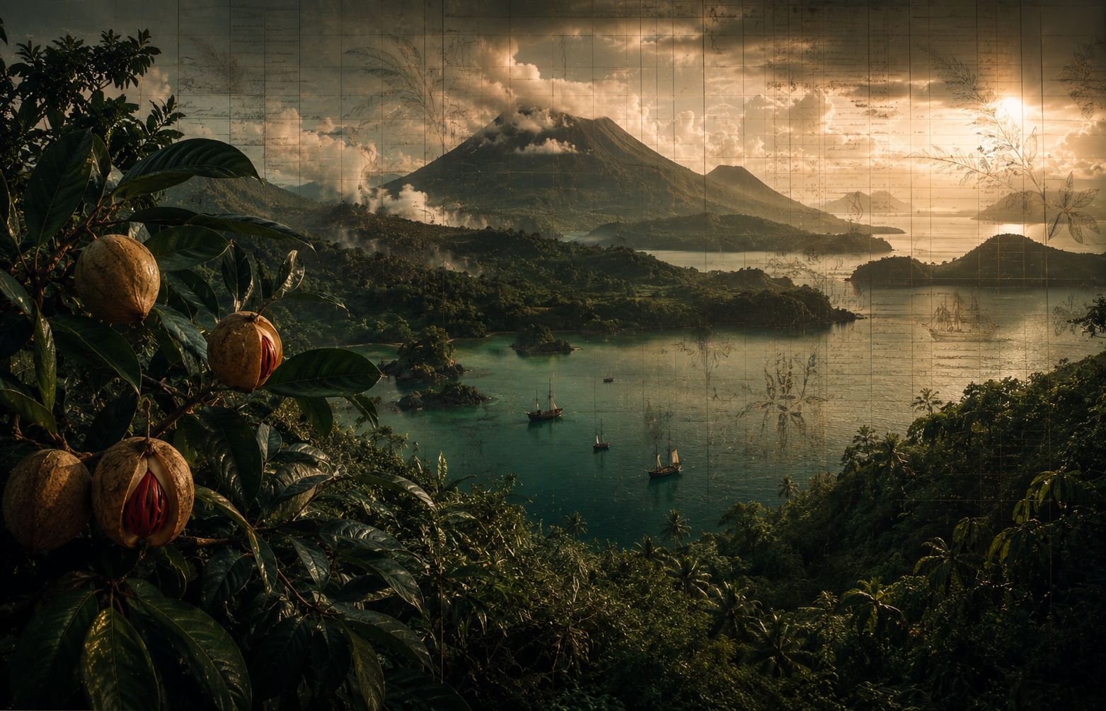 Banda Islands landscape overlaid with symbolic colonial ledger patterns