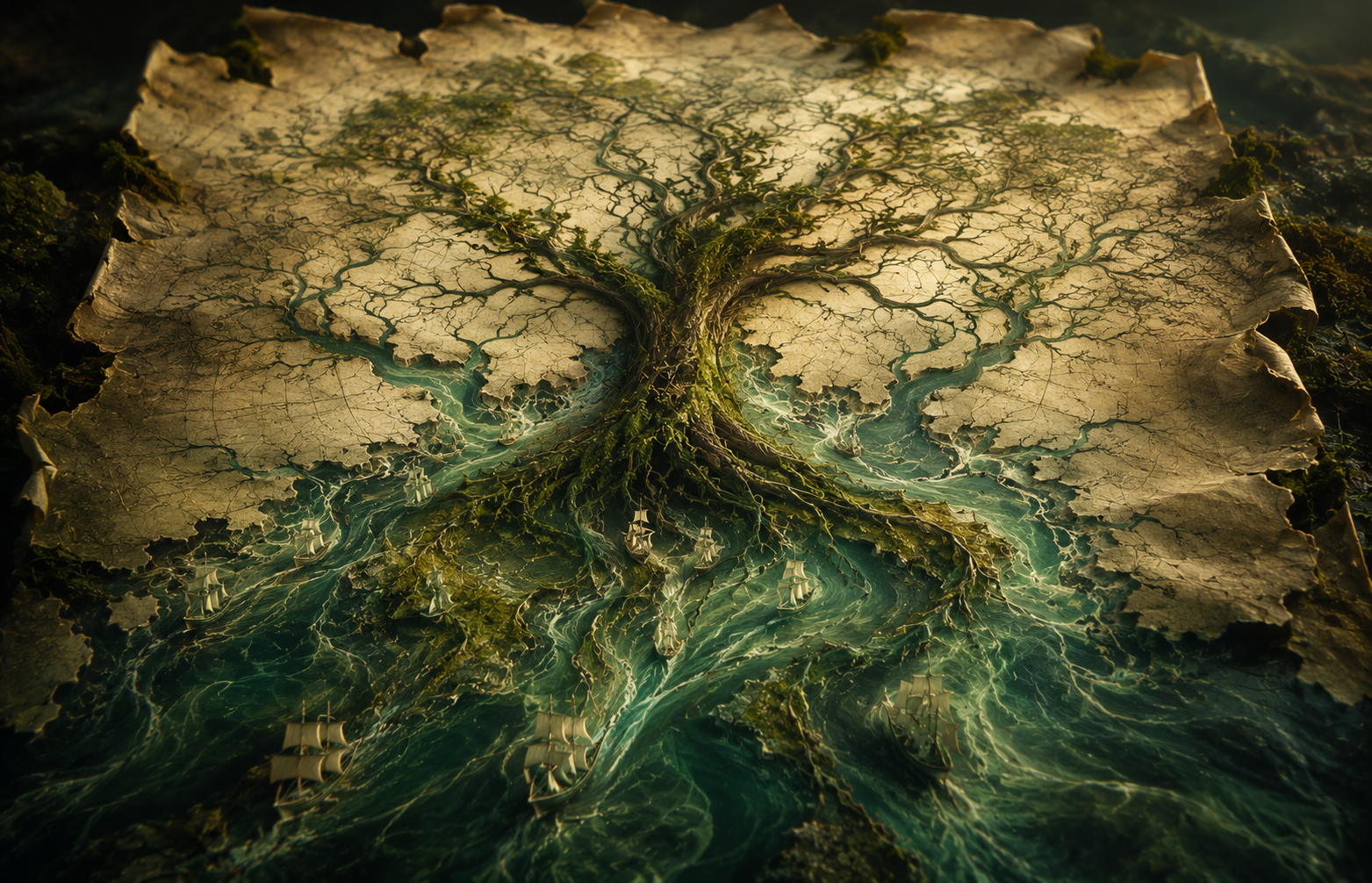Charter document transforming into a tree-shaped maritime trade network over green ocean currents