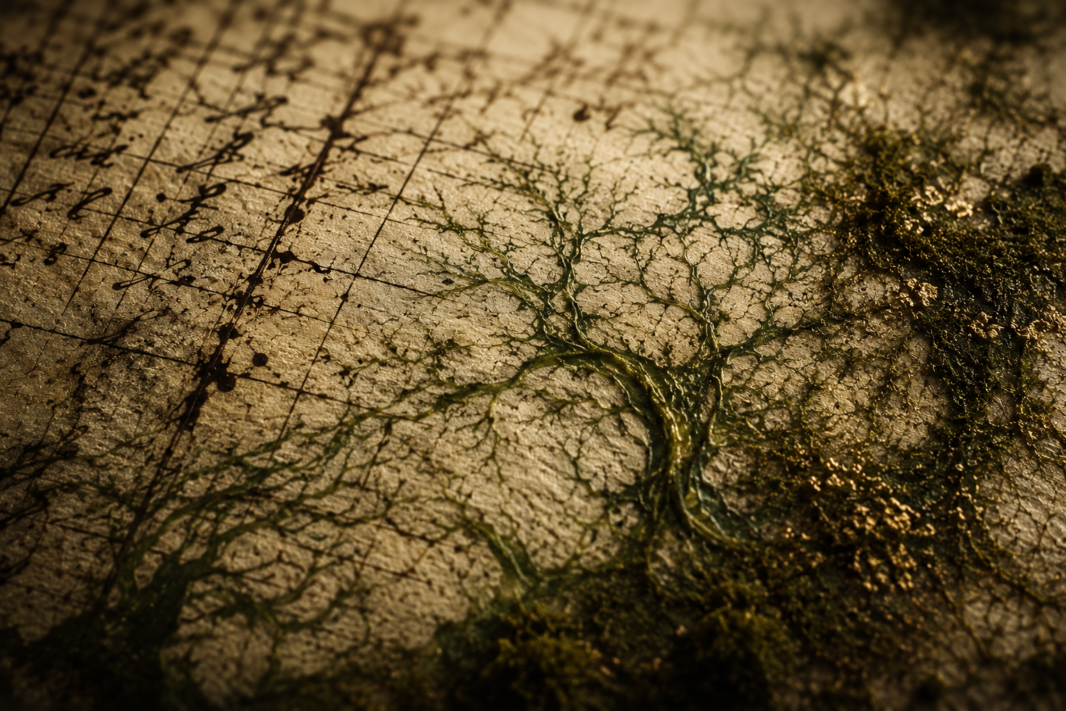 Ledger lines merging into botanical root systems across parchment