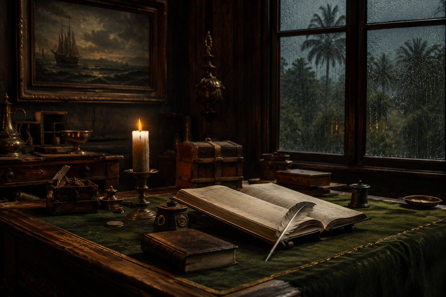 Seventeenth-century Dutch merchant study with candlelight, ledger, and Bible
