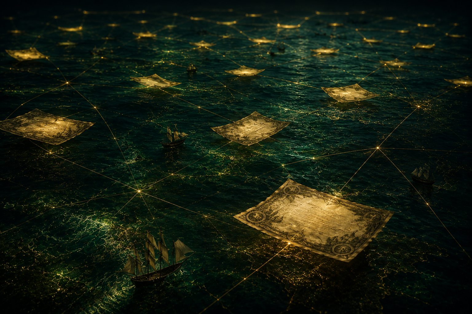 Floating share certificates connected across a dark emerald ocean network