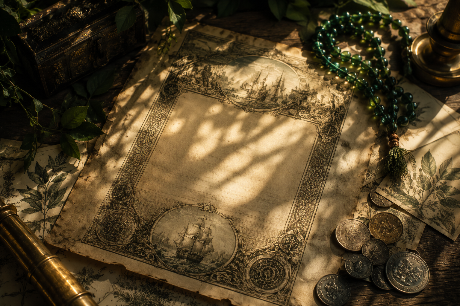 Historical share certificate with botanical elements and green glass objects