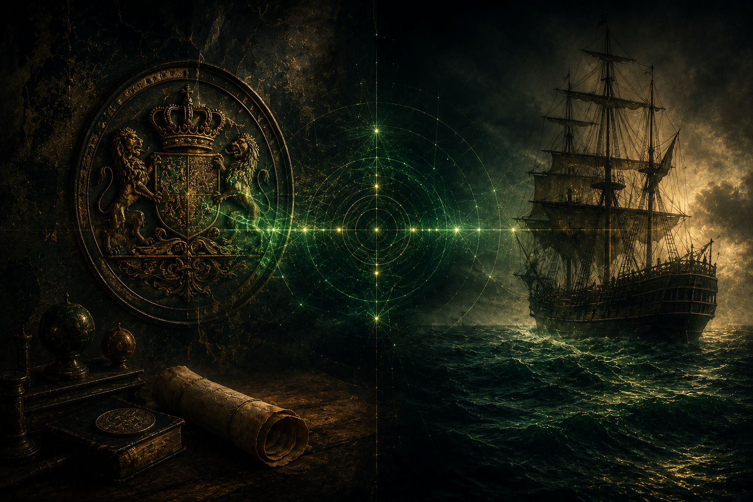State seal and merchant ship connected by glowing legal infrastructure lines