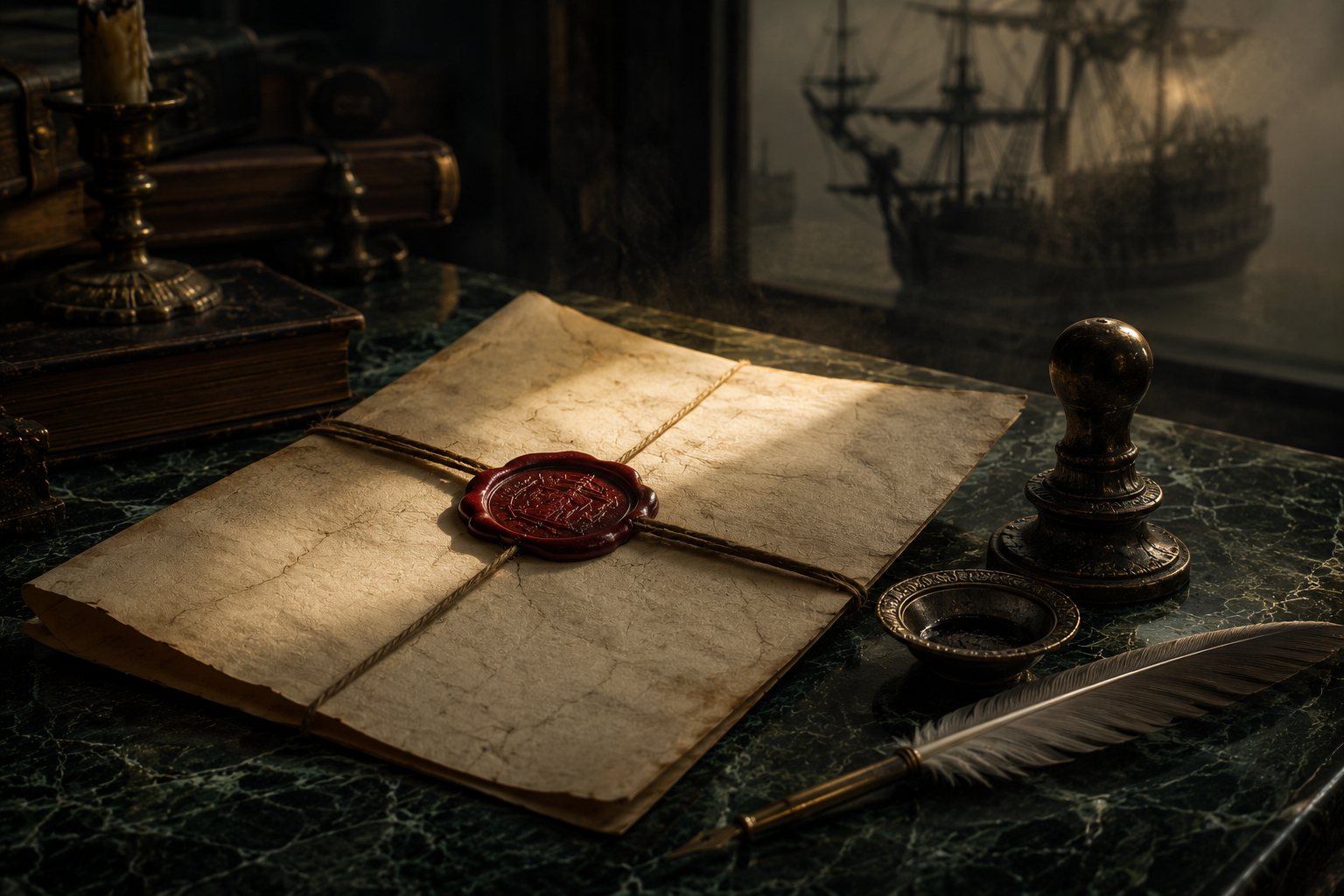 Wax-sealed VOC charter with bronze seal and maritime silhouette