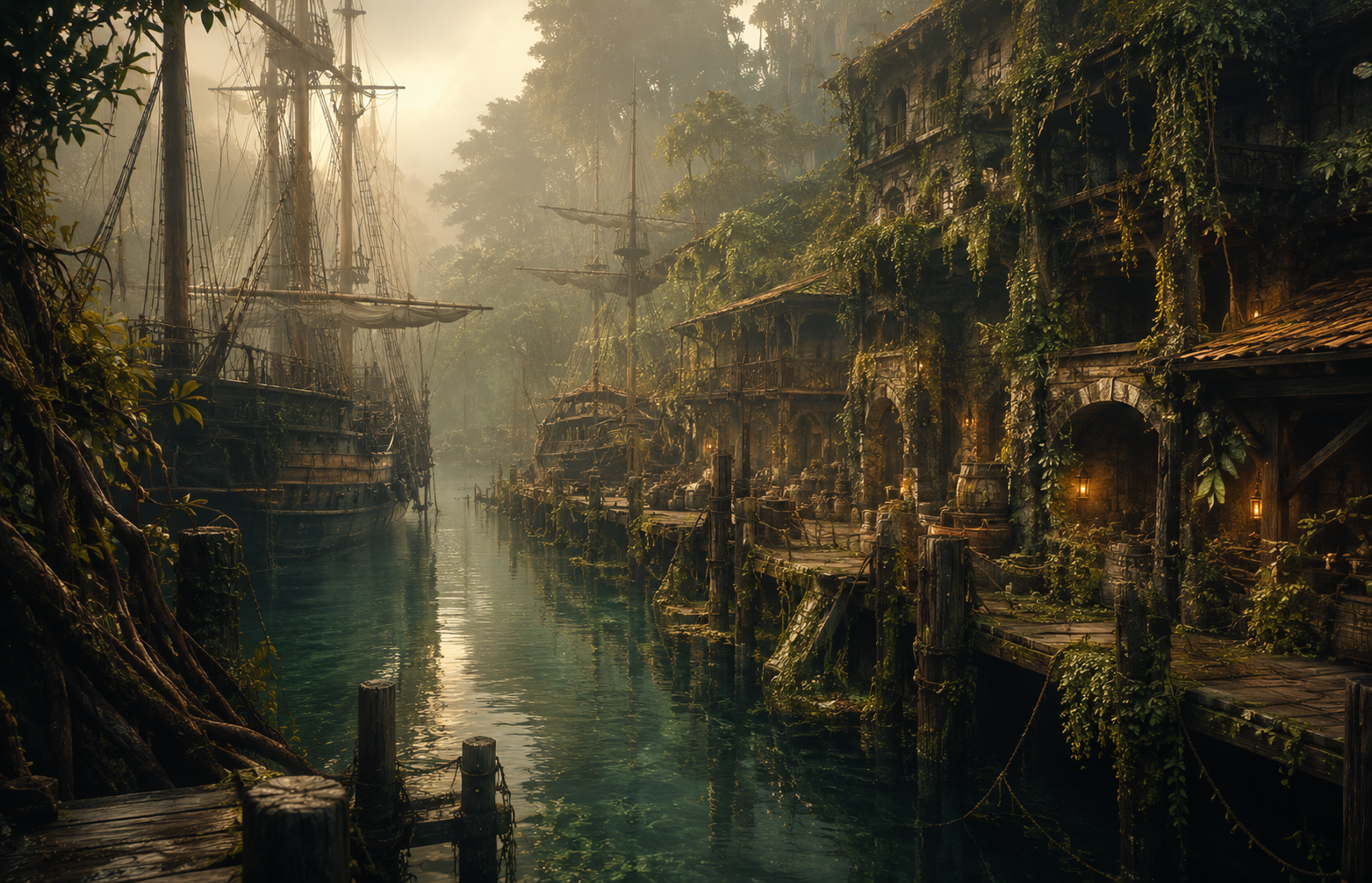 VOC harbor transformed into a botanical ecosystem with ships, vines, and misty green water