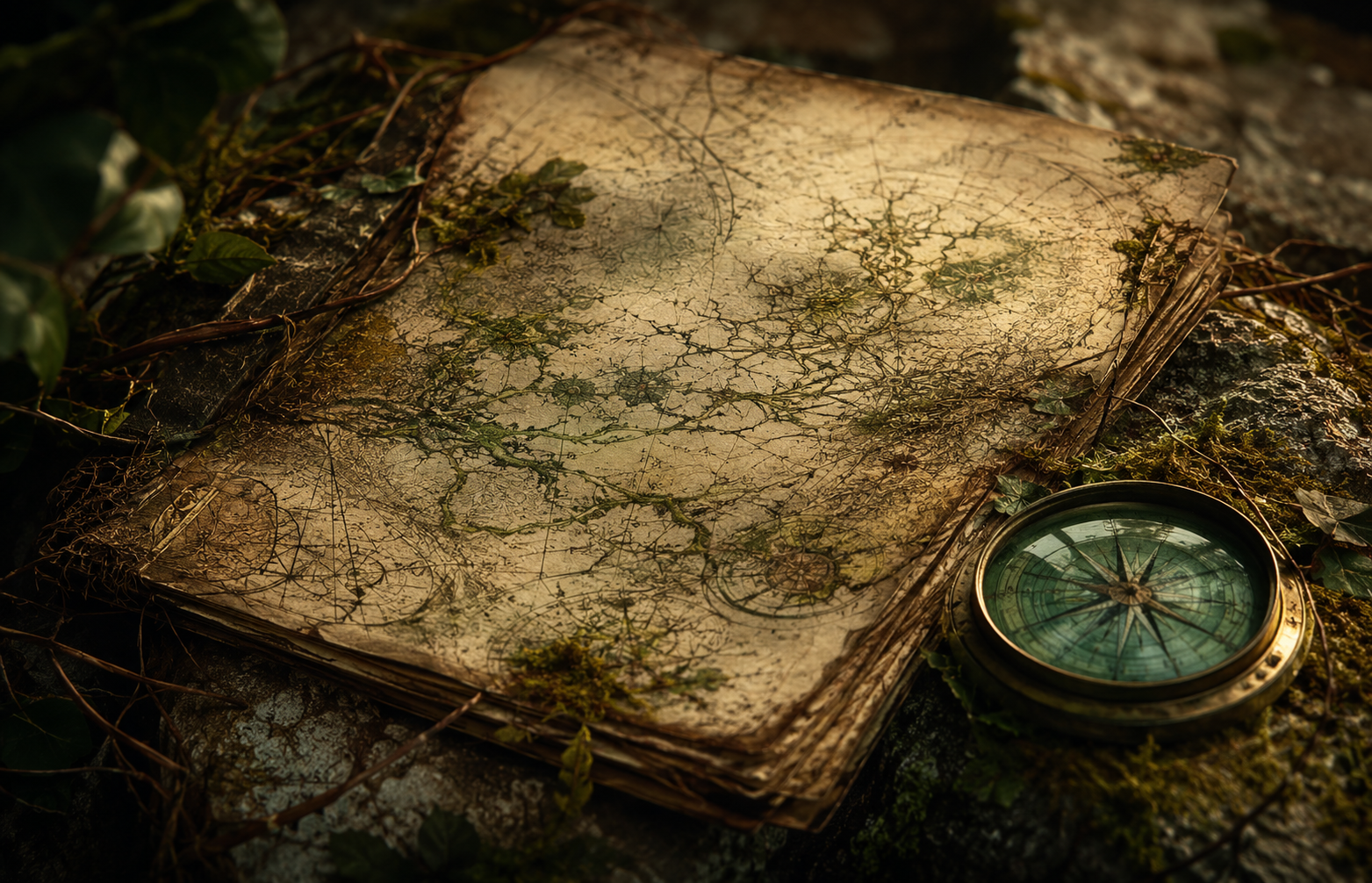 Maritime ledger and green compass merging with botanical root systems symbolizing institutional trust