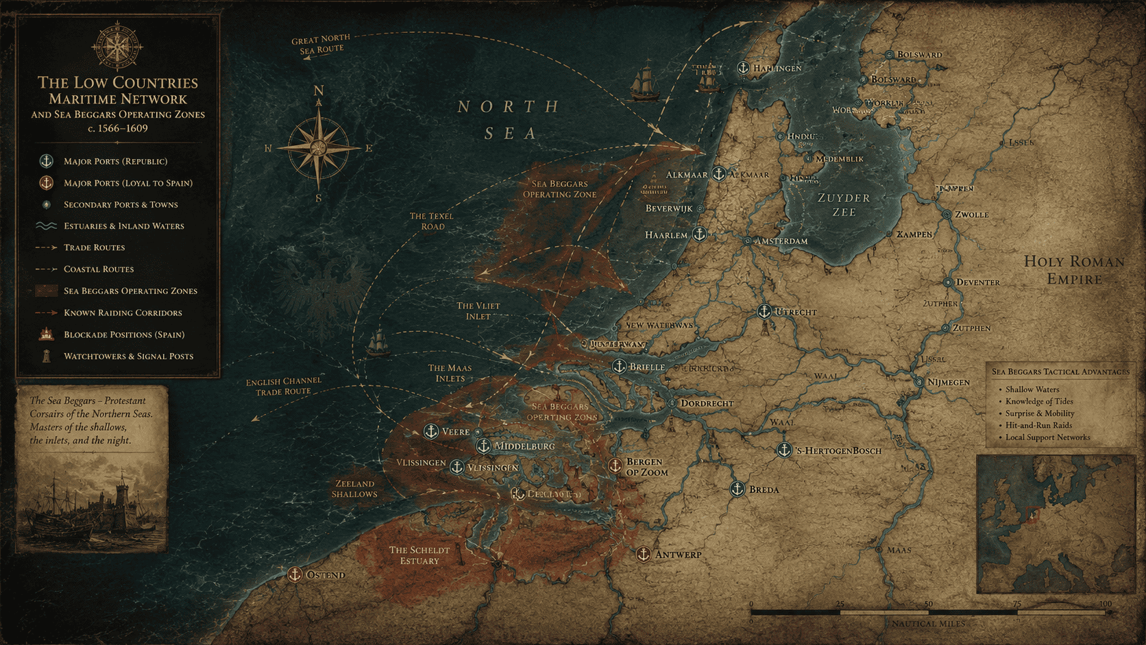 Sea Beggars maritime network map in the Low Countries
