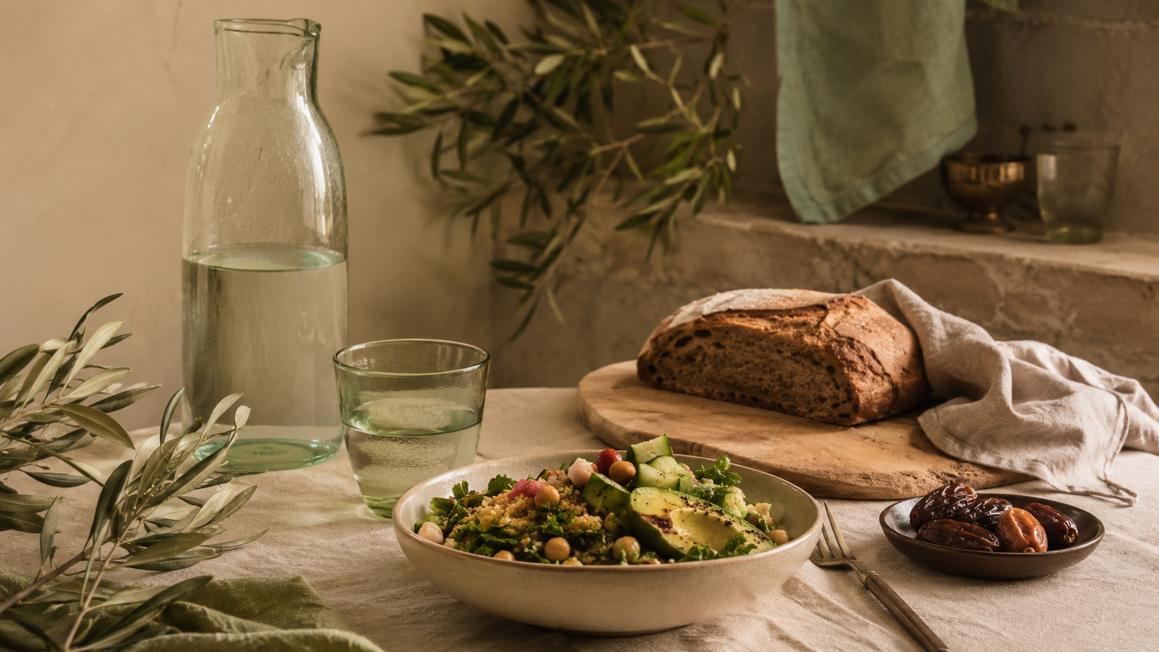 Simple table with nourishing food, water, fruit and warm bread representing rhythm, discipline and sustainable performance