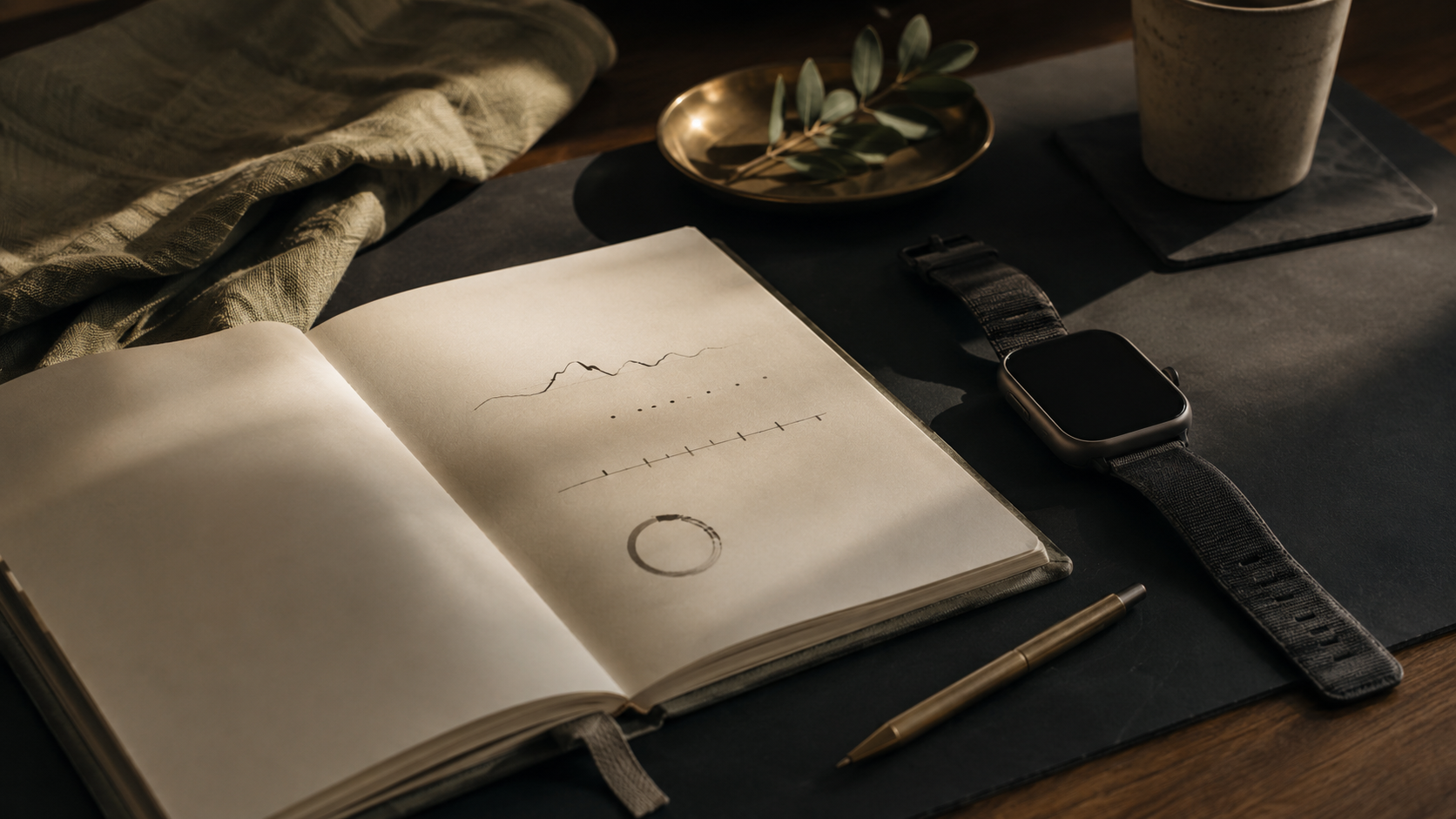 Notebook, smartwatch and pen on a desk representing health tracking, self-awareness and calm personal feedback