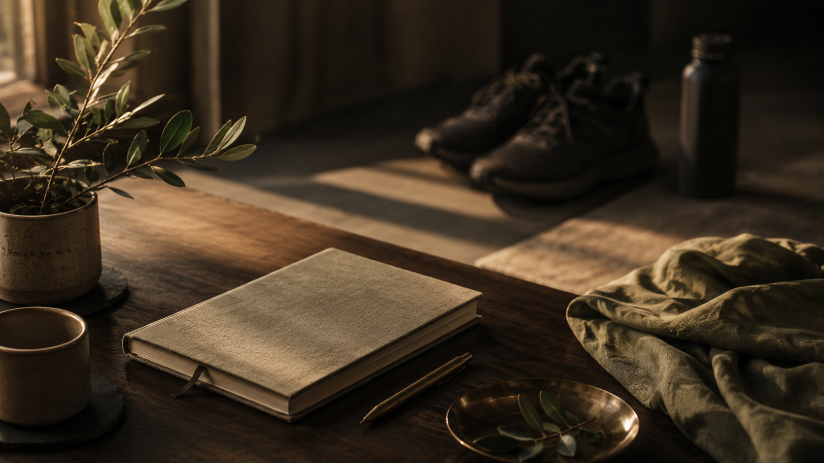 Quiet desk with a notebook, small plant and training shoes in the background representing health, work, balance and legacy