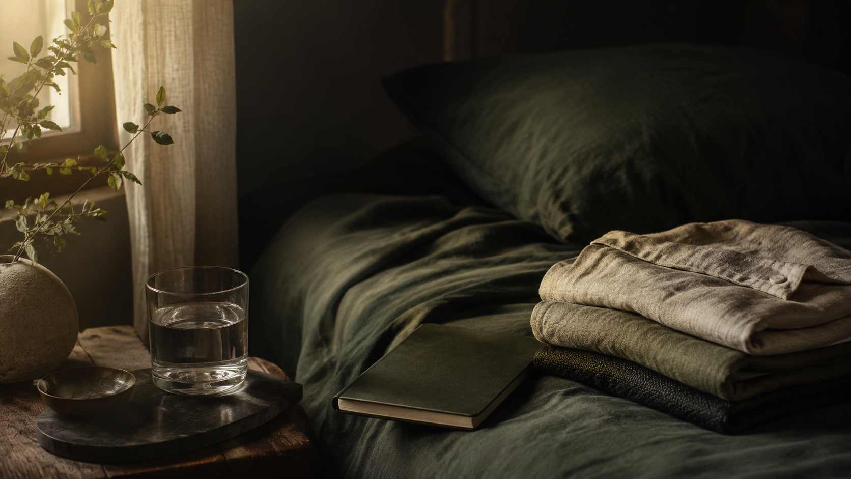 Peaceful dark room with warm light, folded linen, a journal and a glass of water representing sleep, recovery and mental clarity