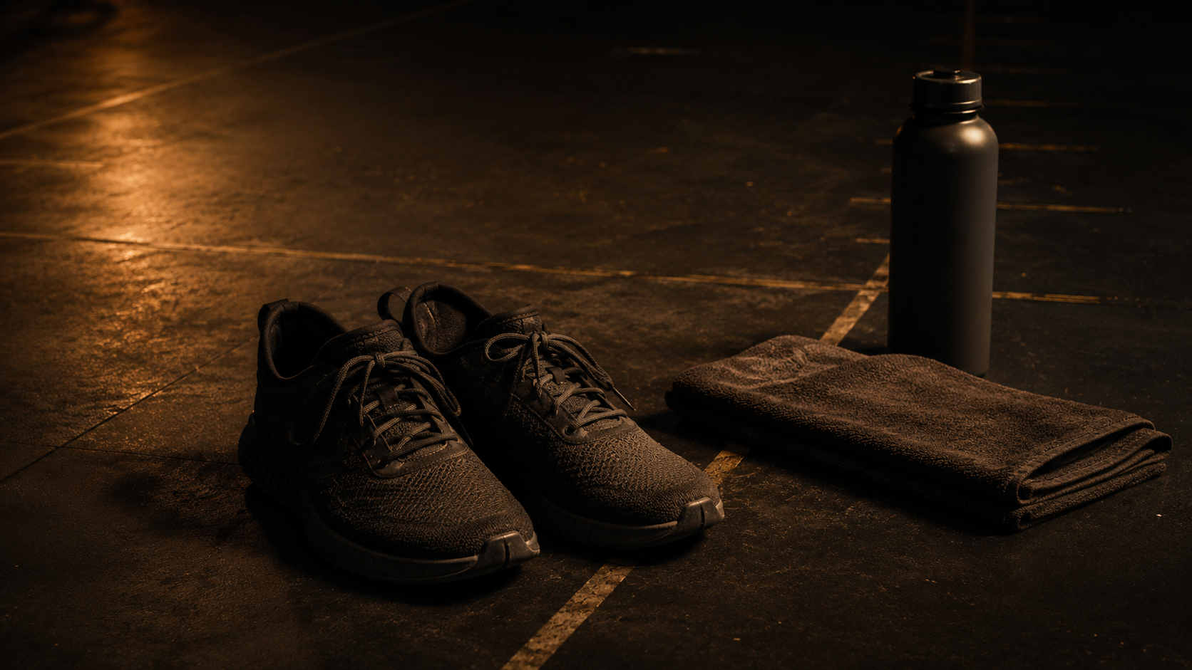 Training shoes, towel and water bottle in a dark warm space representing discipline, movement and steady progress