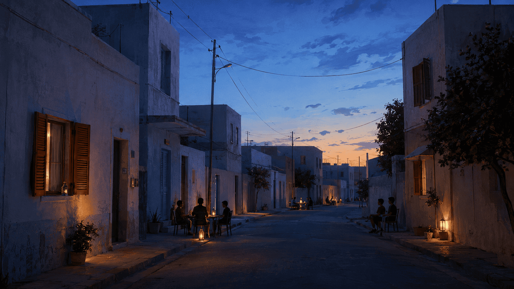 Tunisian residential street at blue hour during a summer power outage