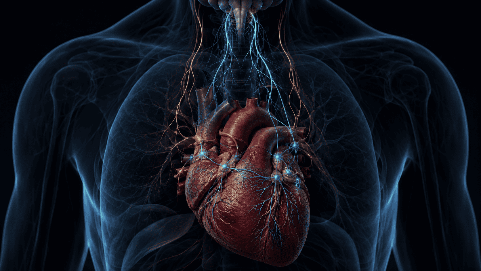 Heart nervous system control layers connecting the brainstem, autonomic nerves, intracardiac ganglia and heart tissue.