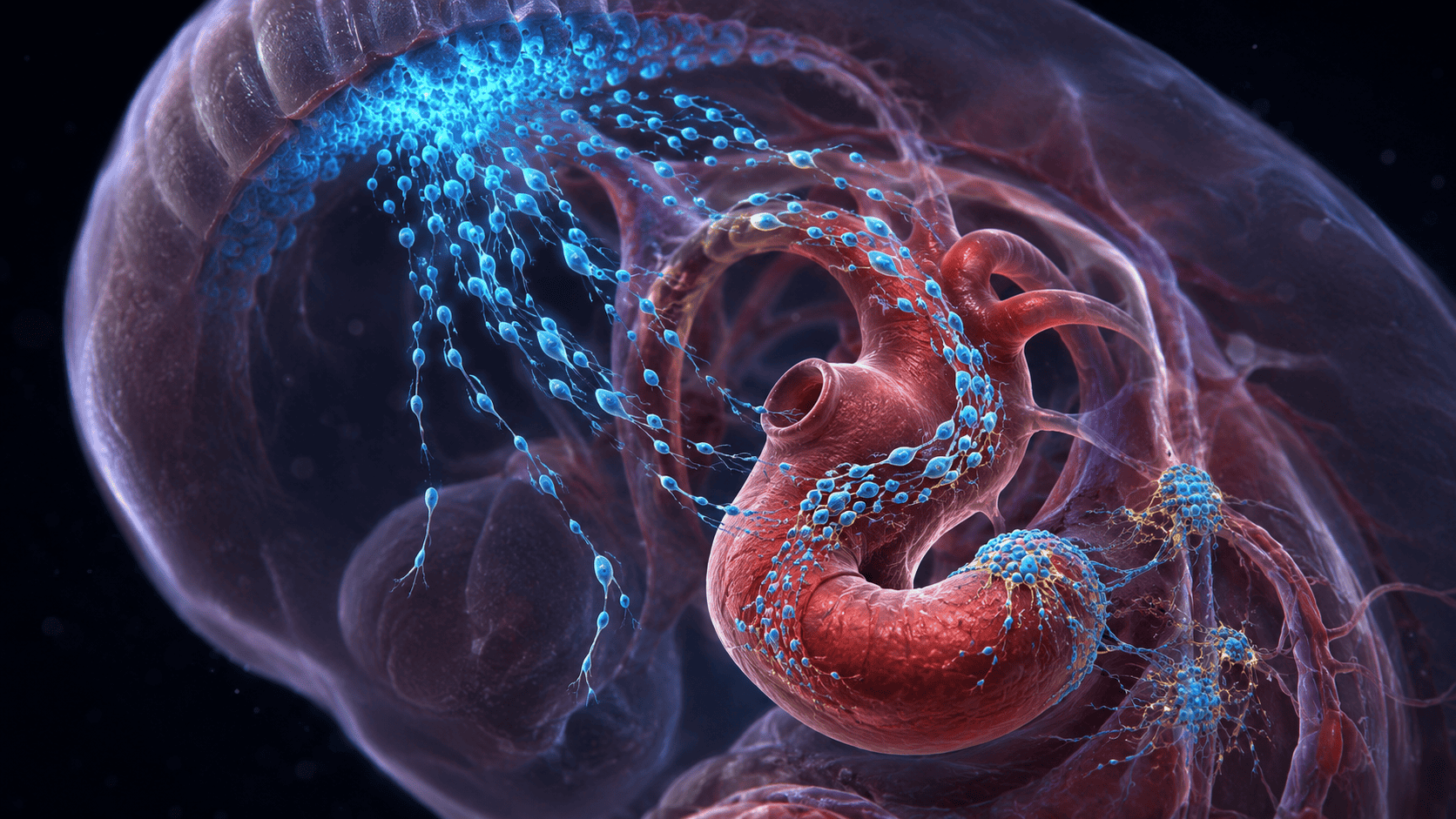 Embryonic neural crest cells migrating into the developing heart and forming cardiac ganglia.
