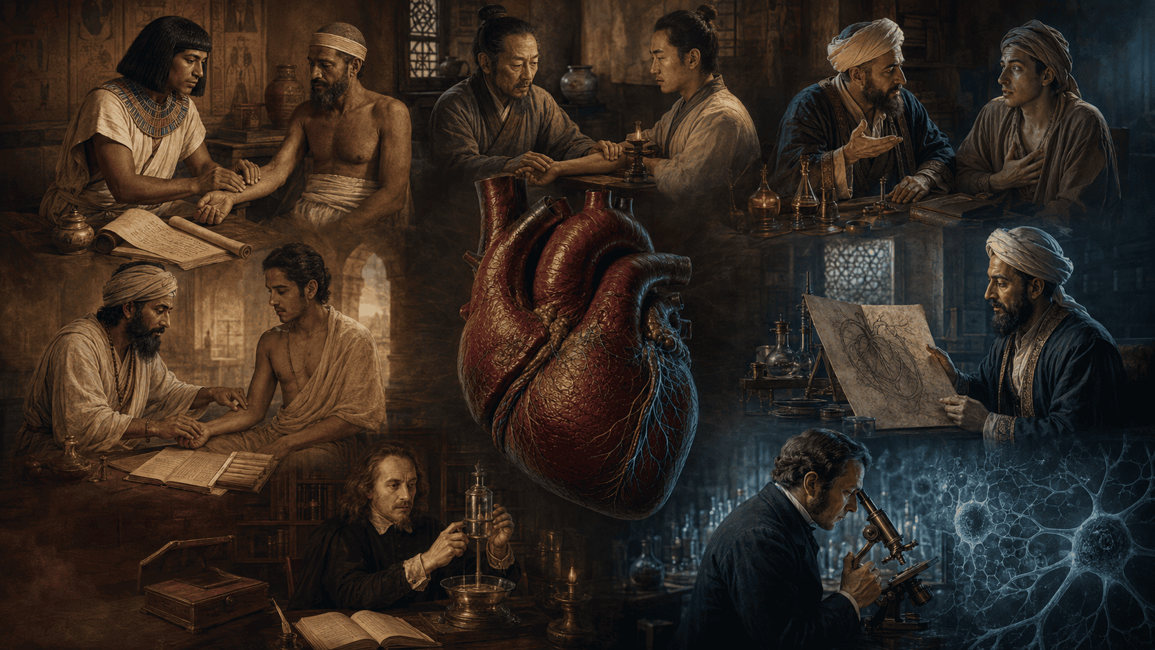 Global historical collage of physicians observing the pulse and studying the heart across several medical traditions.