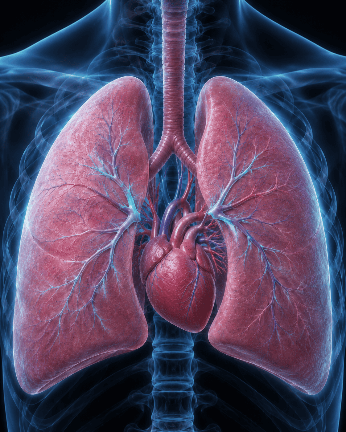Illustrative image of the human heart, lungs and connected circulatory system
