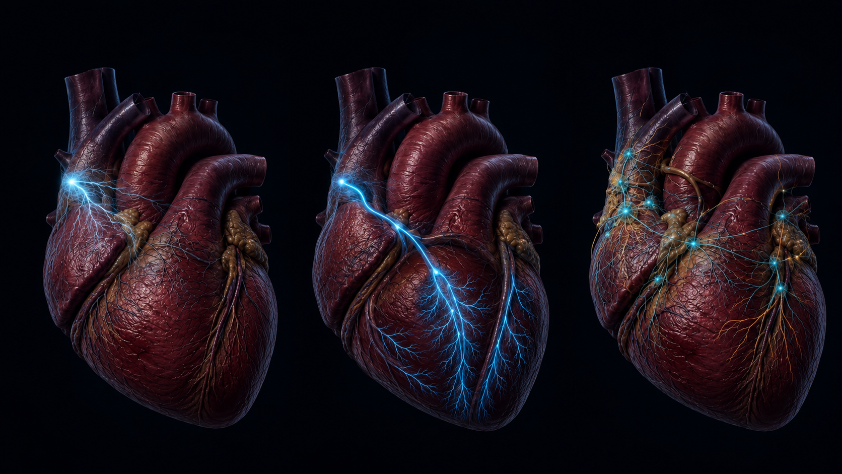 Three-panel anatomical comparison of the sinoatrial node, cardiac conduction system and intrinsic cardiac nervous system.