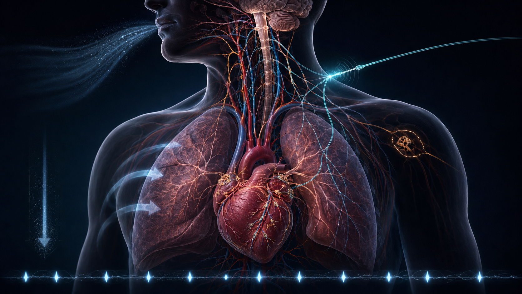 Person breathing calmly while brainstem, lungs, heart and local cardiac neurons interact to produce changing beat intervals.