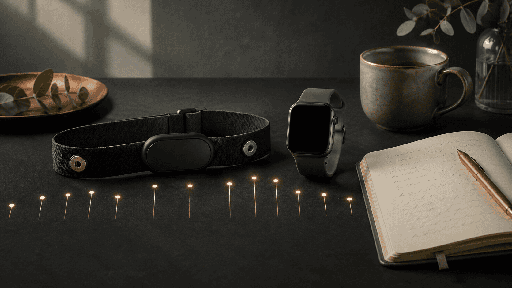 What does heart rate variability measure? A chest strap, smartwatch and notebook sit beside an abstract pattern of beat-to-beat intervals.