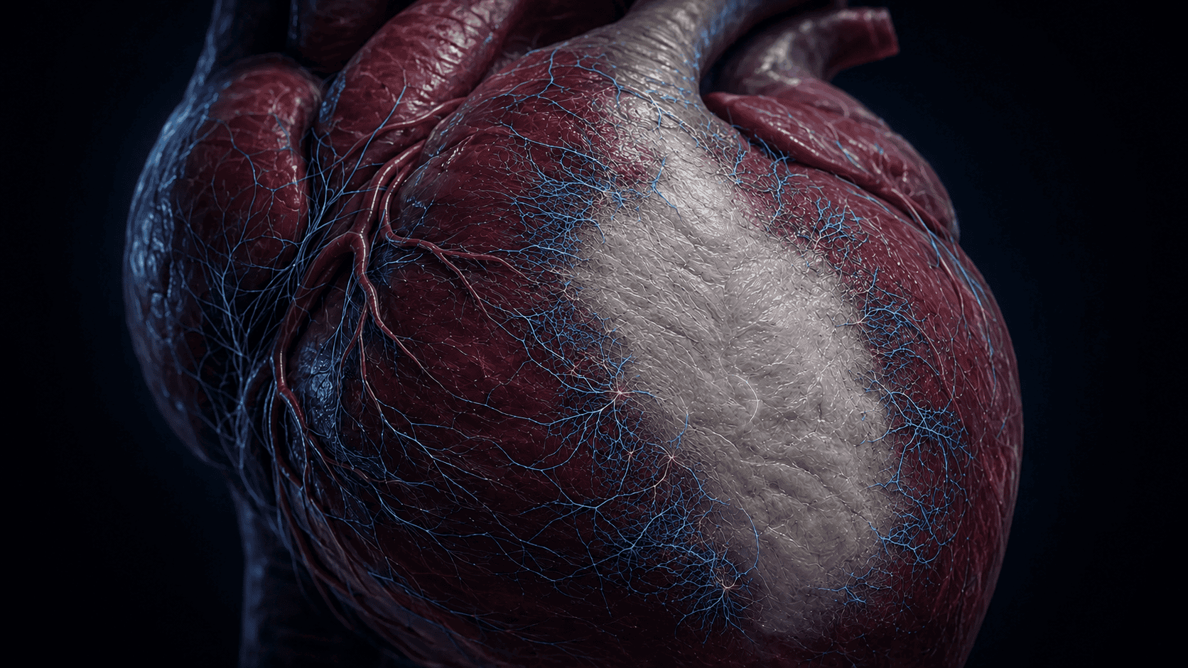 Heart tissue after infarction showing disrupted and reorganized local nerve fibers around a scar border zone.