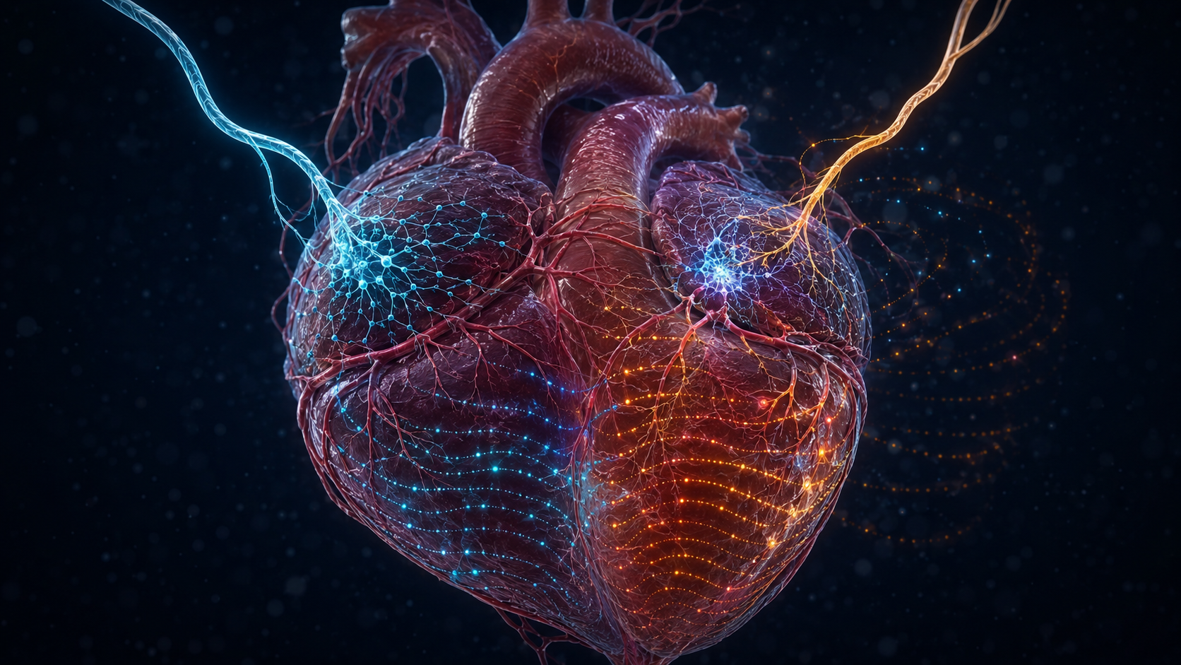 Split-state mouse heart showing one cardiac neuron circuit active at baseline and another during intense sympathetic stress.
