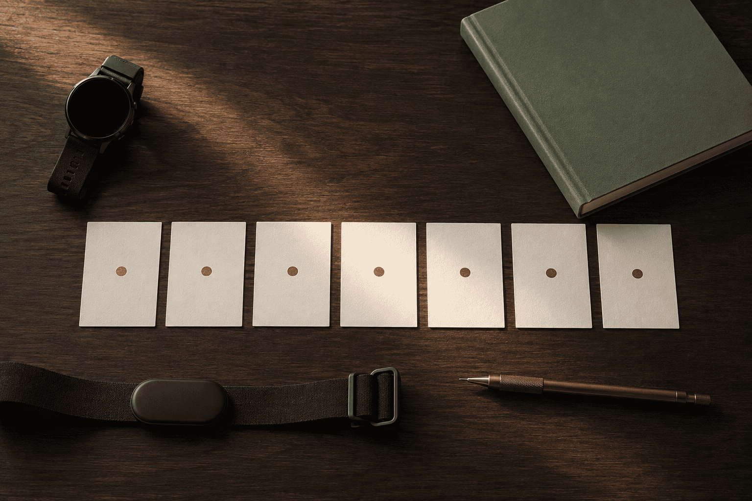 Seven observation cards, a chest strap, smartwatch and notebook represent a consistent seven-day HRV measurement protocol.