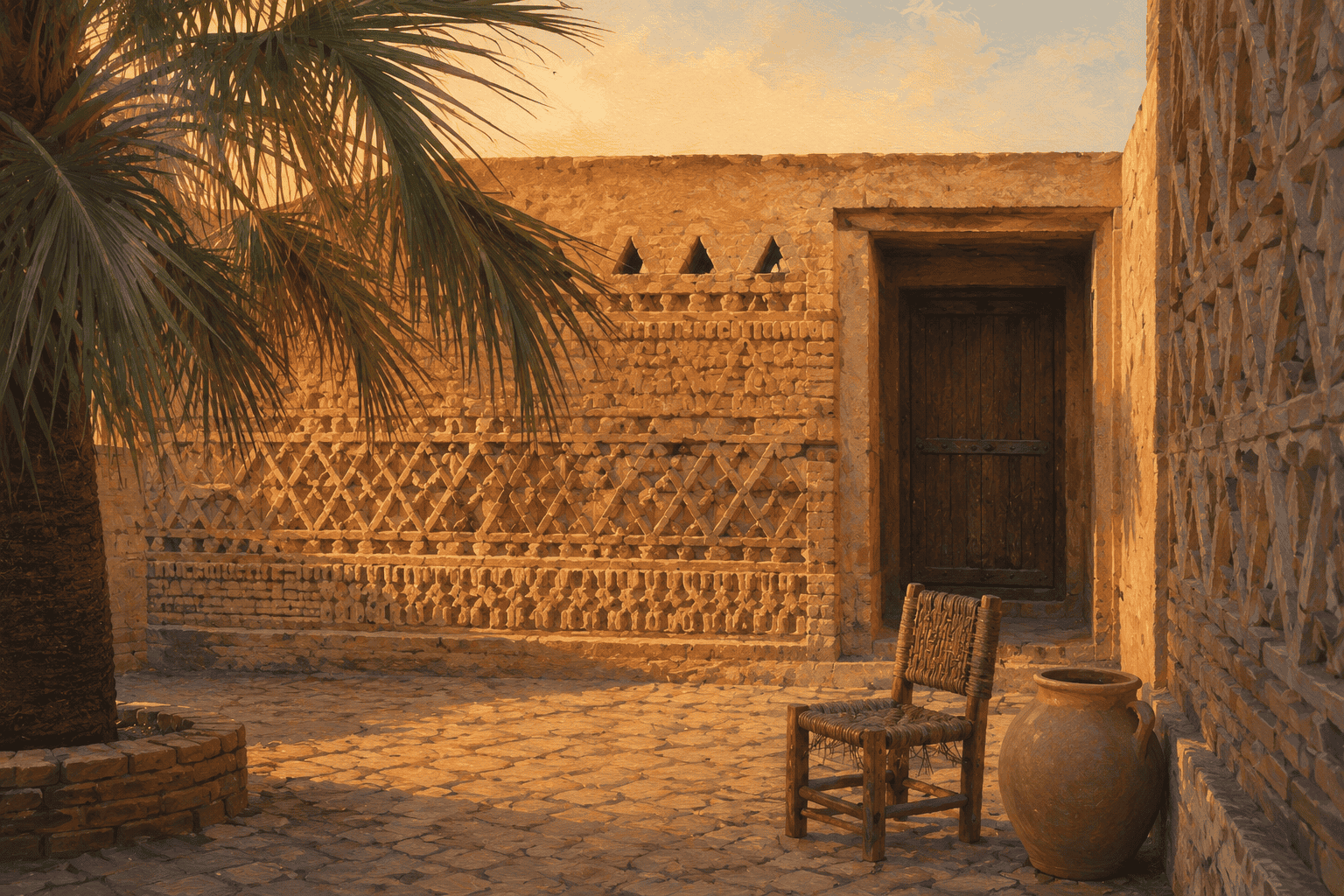 Shaded courtyard in Tozeur as daily activity moves towards the cooler evening