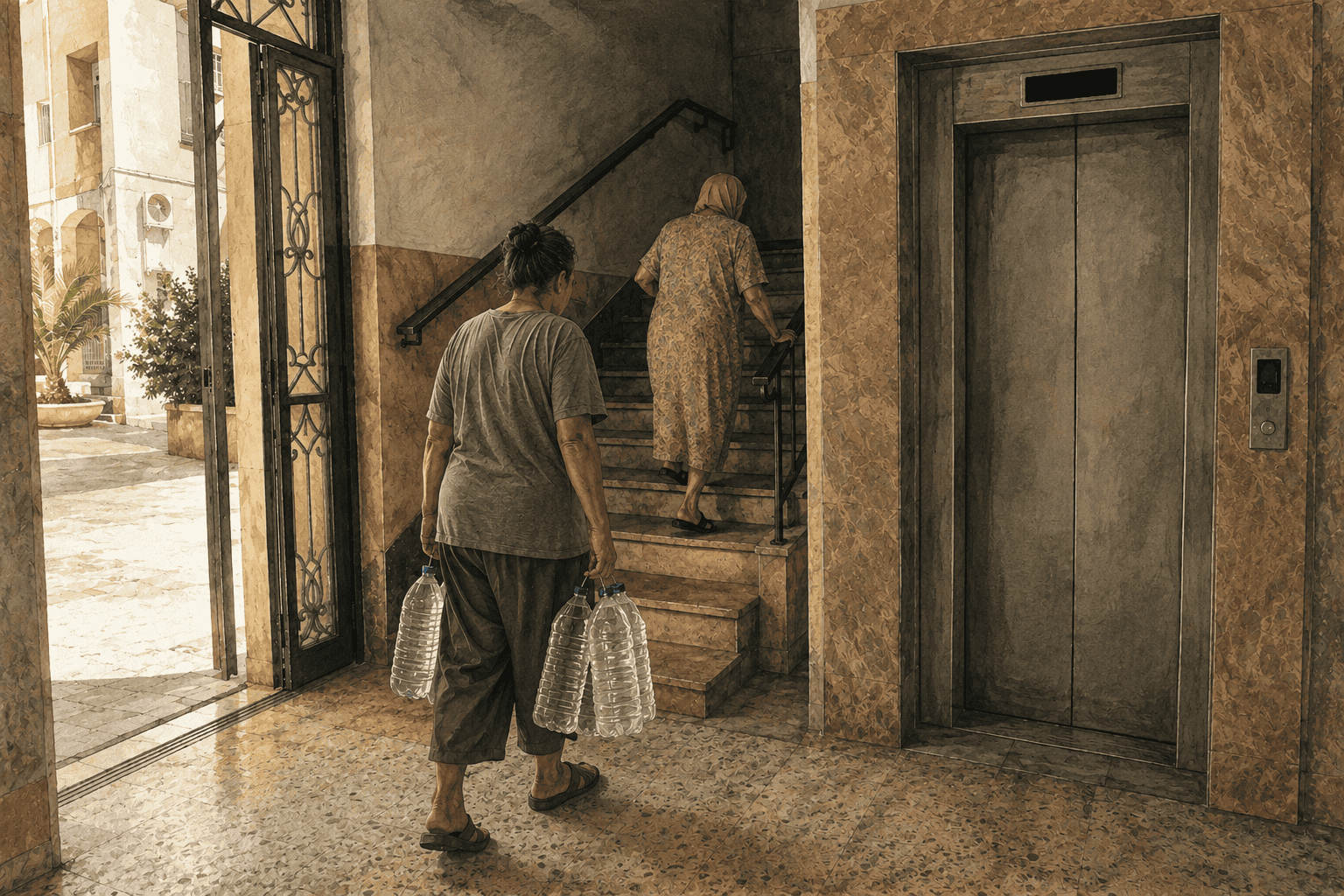 Residents using the stairs beside a dark apartment elevator during a power cut in Tunisia
