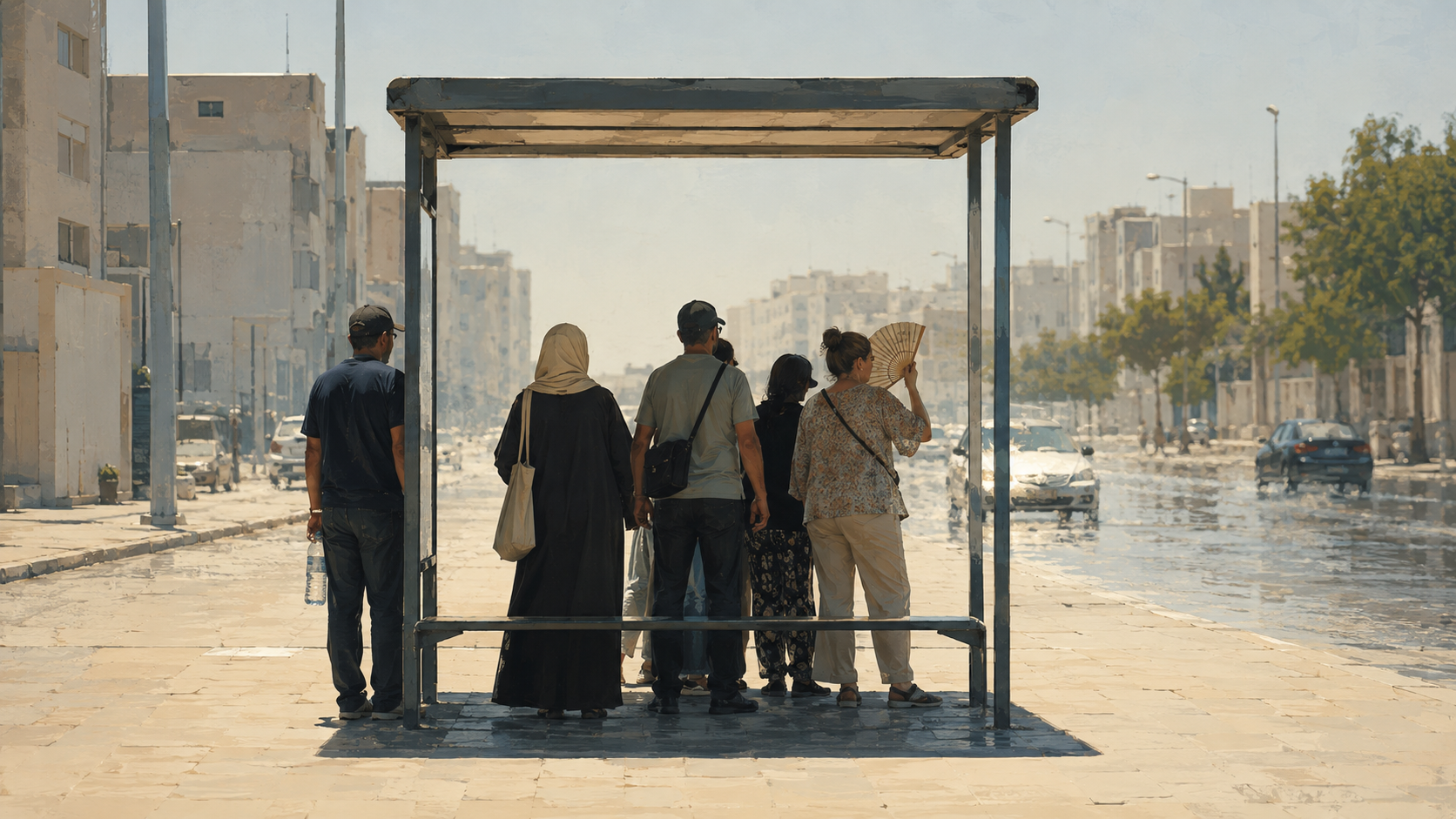 Commuters waiting in limited shade at a Tunisian bus stop during extreme heat