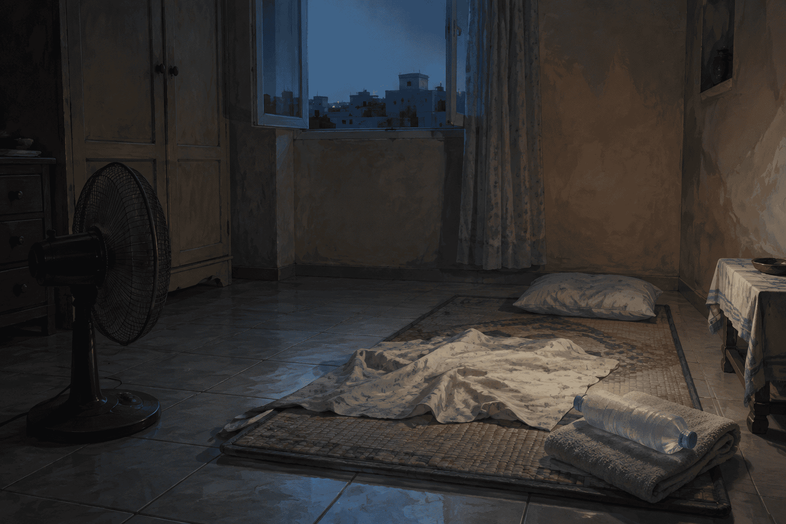 Sleeping mat and wrapped frozen water bottle in a Tunisian bedroom during a heatwave power cut