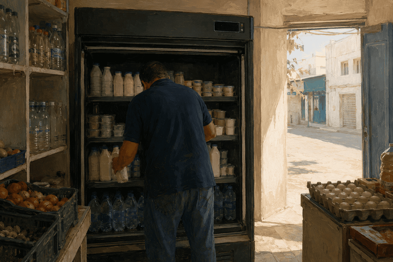 Small Tunisian grocery shop with dark refrigeration cabinets during a power outage