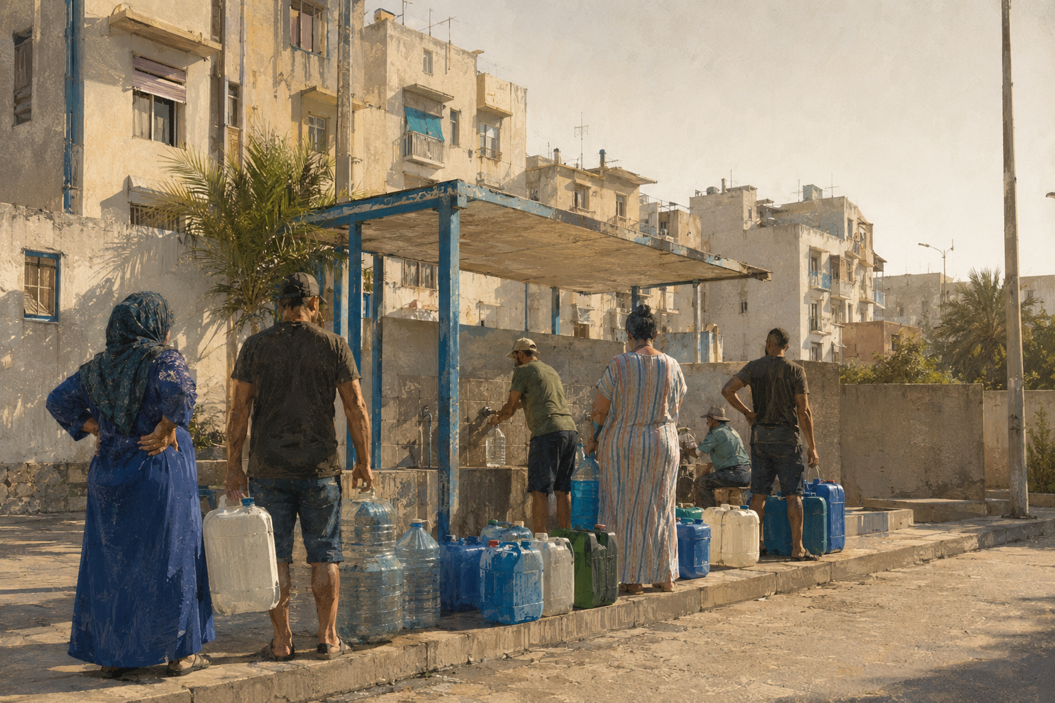 Tunisian residents collecting water during heatwave-related supply disruption