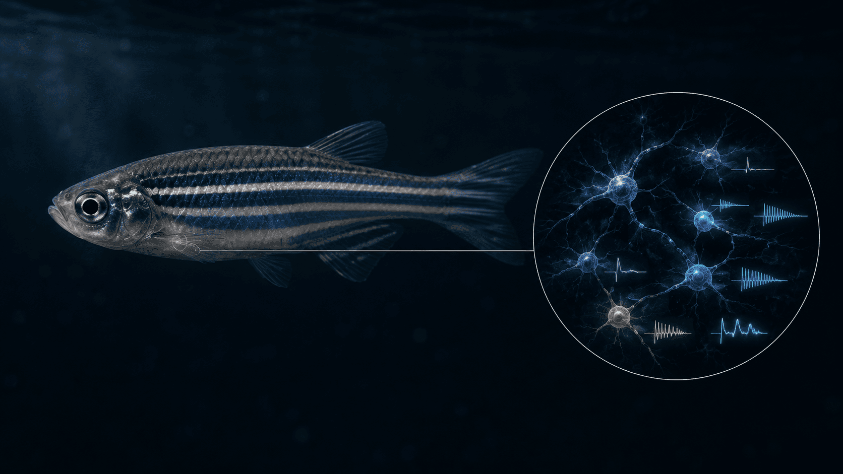 Adult zebrafish with a magnified view of diverse neuronal activity inside its heart.