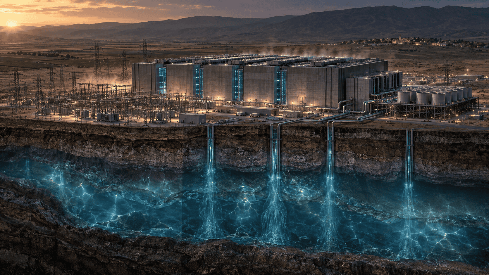 Large AI data center in a dry landscape above a visible underground groundwater reservoir.