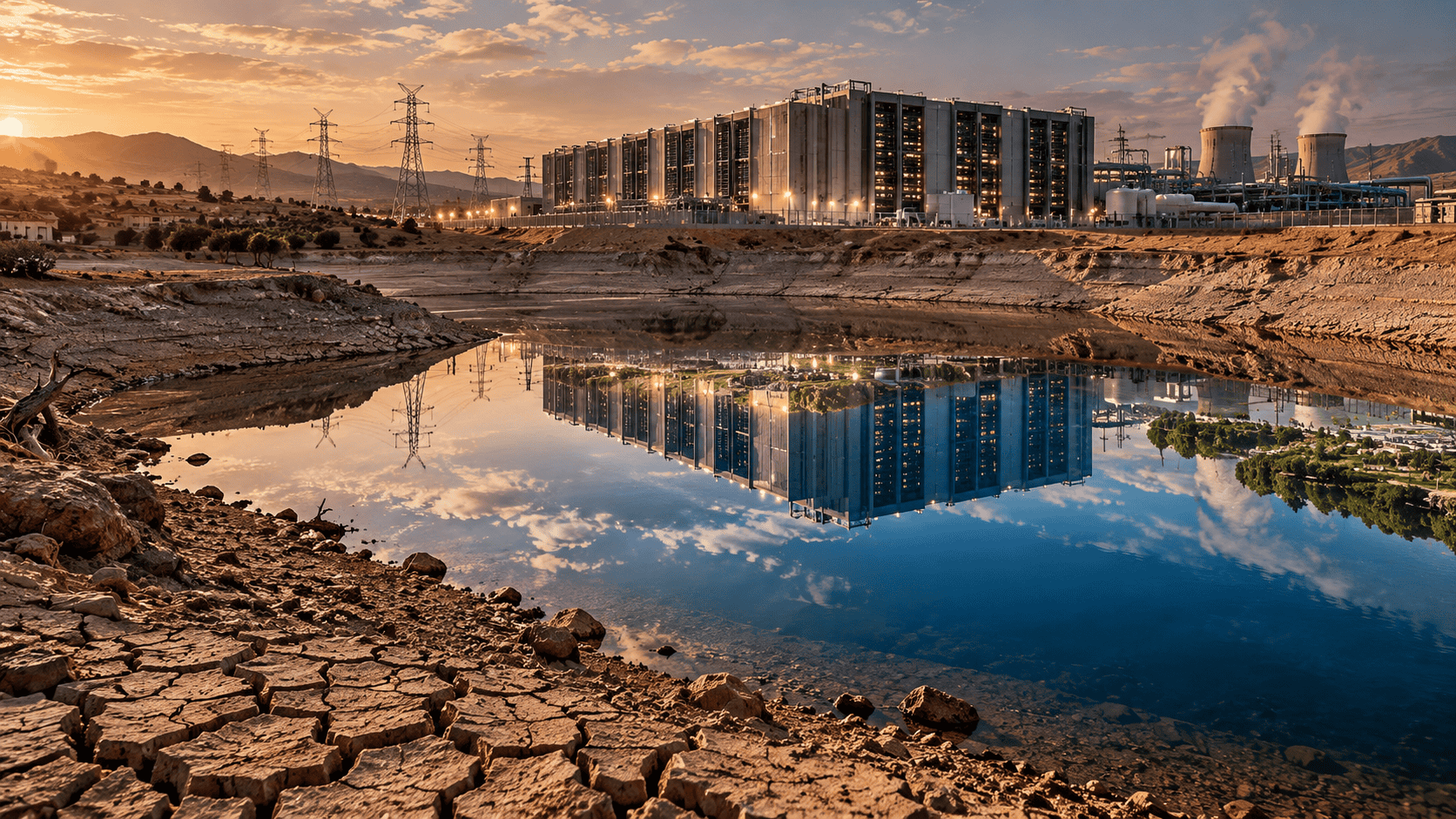 Large data center beside a heavily depleted reservoir whose reflection shows a much fuller water system.