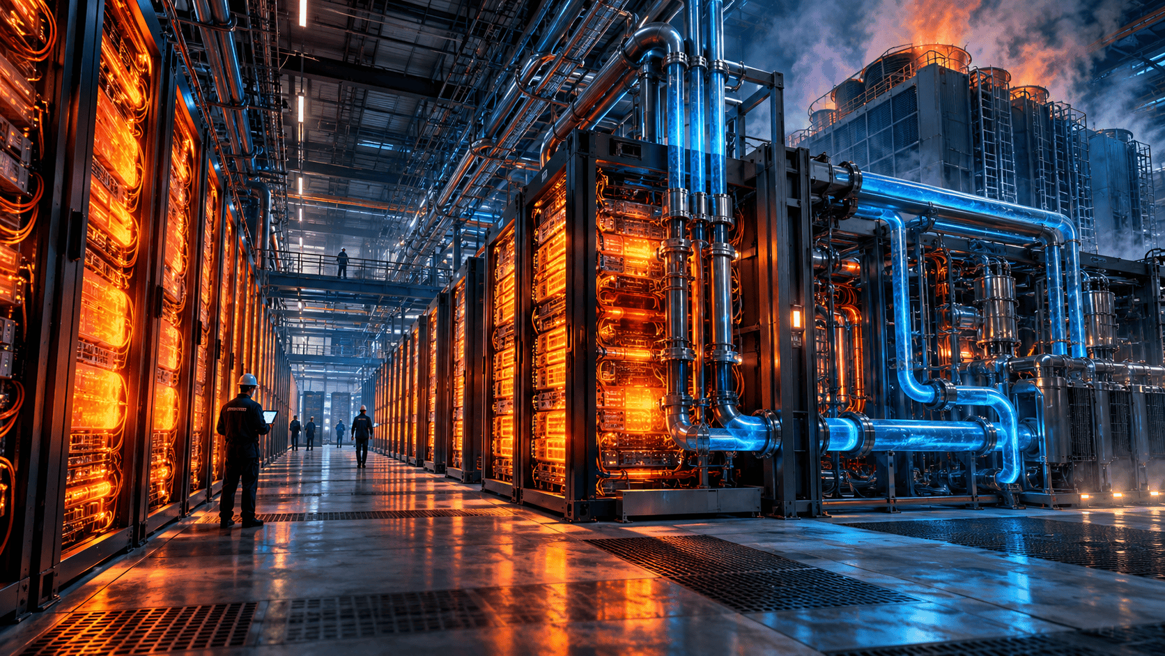 AI server racks radiating heat while blue liquid cooling pipes cool the equipment.