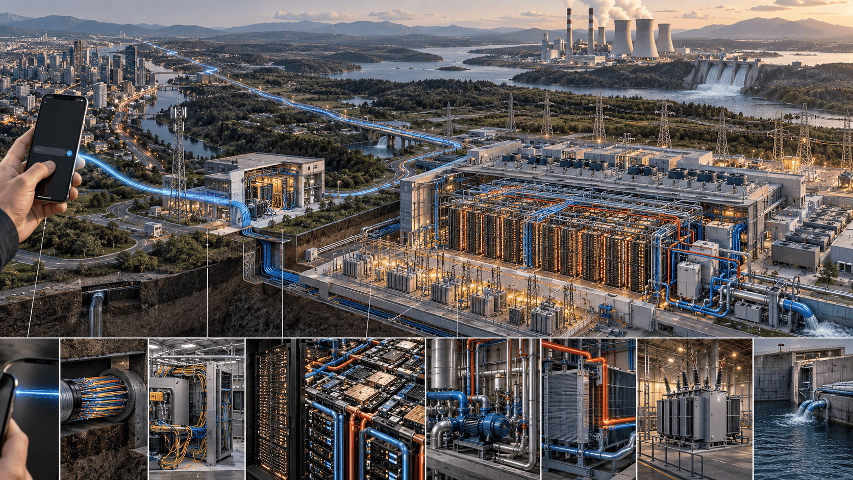 Smartphone connected to network infrastructure, an AI data center, electrical supply, and cooling systems.